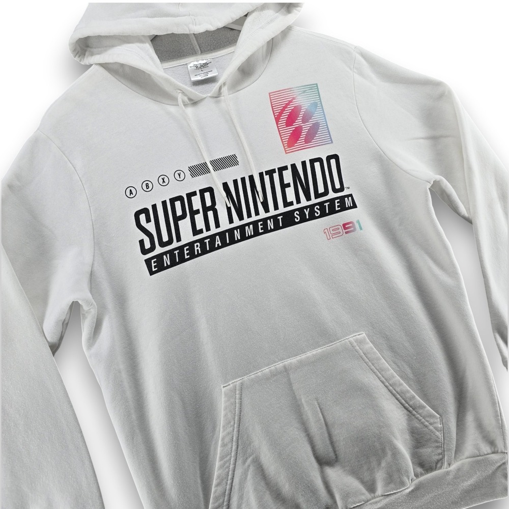 Nintendo Super Nintendo SNES Hoodie Mens Large White Cotton Blend Graphic